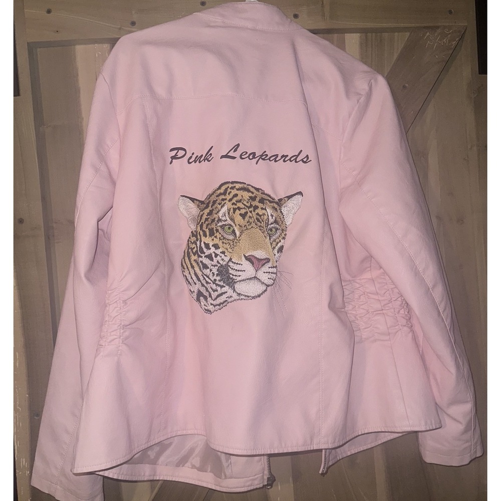 2X Savi Parker New york Light pink Faux Leatherโ zip up jacket Pink Leopards XXL